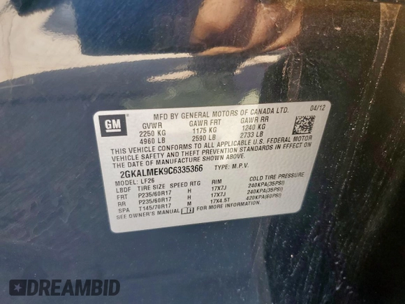 2012 GMC Terrain SLE-1 with VIN 2GKALMEK9C6335366, listed as a Copart auction lot 48635355 with 82,374 mi miles and Clean Title. Bid and sale history available at DreamBid. Image 12.