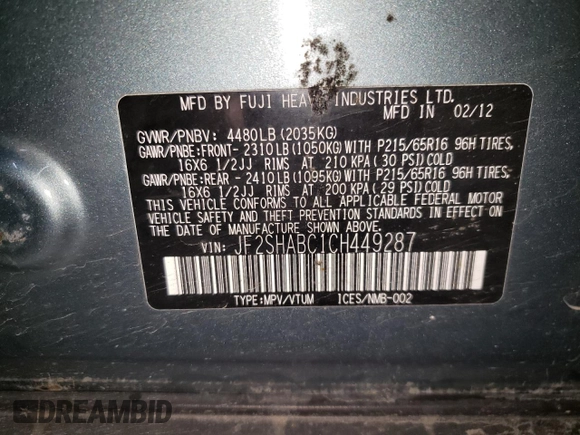 2012 Subaru Forester X with VIN JF2SHABC1CH449287, listed as a Copart auction lot 82077744 with 107,755 mi miles and Non Repairable. Bid and sale history available at DreamBid. Image 15.