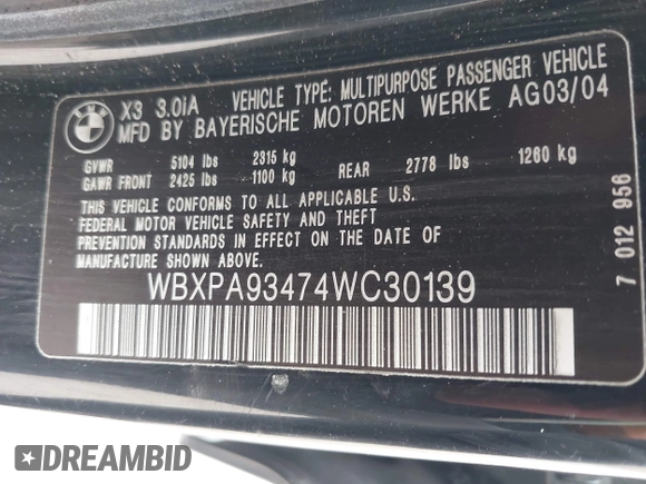 2004 BMW X3 3.0i z VIN WBXPA93474WC30139, wystawiony jako IAAI lot #42032238 z przebiegiem 137 995 mil mil oraz . Historia ofert i sprzedaży dostępna na DreamBid. Obrazek 9.