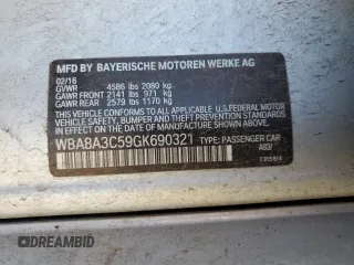 2016 BMW 3 Series 320i xDrive with VIN WBA8A3C59GK690321, listed as a Copart auction lot 88725945 with 83,156 mi miles and Salvage Title. Bid and sale history available at DreamBid. Image 15.