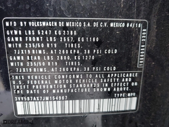2018 Volkswagen Tiguan Wolfsburg Edition with VIN 3VV5B7AX7JM154967, listed as a IAAI auction lot 41433312 with 61,679 mi miles. Bid and sale history available at carsss.com. Image 9.