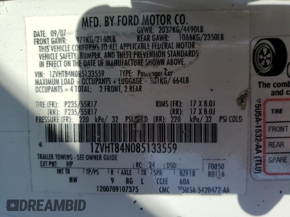 2008 Ford Mustang Deluxe with VIN 1ZVHT84N085133559, listed as a Copart auction lot 57449265 with Not provided miles and Salvage title. Bid and sale history available at DreamBid. Image 12.