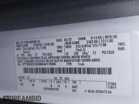 2022 Ford Transit Cargo z VIN 1FTBR2CG0NKA17606, wystawiony jako IAAI lot #41061434 z przebiegiem 64 062 mil mil oraz . Historia ofert i sprzedaży dostępna na DreamBid. Obrazek 9.