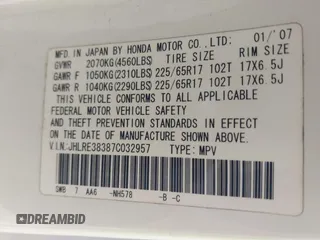2007 Honda CR-V LX with VIN JHLRE38387C032957, listed as a IAAI auction lot 41936546 with 144,688 mi miles. Bid and sale history available at carsss.com. Image 9.