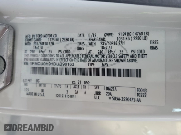 2013 Ford Escape SEL с VIN 1FMCU0H91DUB90163, выставлен на аукционе Copart как лот 64091785 с пробегом 156 038 миль миль и Списание • Salvage title. История ставок и продаж доступна на DreamBid. Изображение 13.