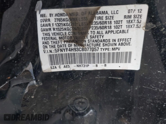2012 Honda Pilot Touring with VIN 5FNYF4H93CB077057, listed as a IAAI auction lot 41156160 with 139,834 mi miles and . Bid and sale history available at DreamBid. Image 9.