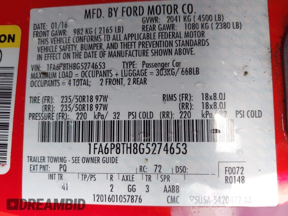 2016 Ford Mustang EcoBoost with VIN 1FA6P8TH8G5274653, listed as a IAAI auction lot 41402917 with 108,478 mi miles and . Bid and sale history available at carsss.com. Image 9.