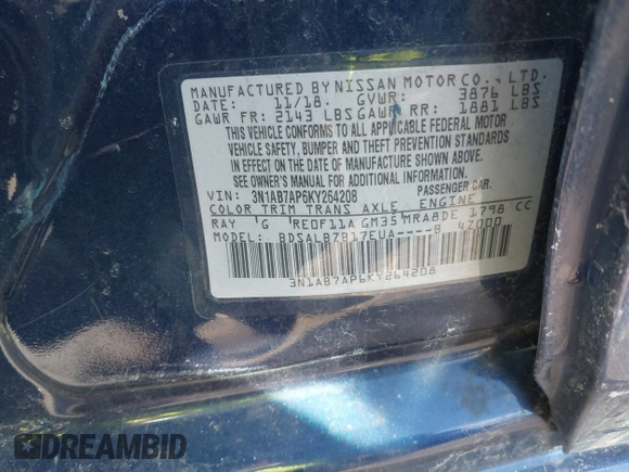 2019 Nissan Sentra S z VIN 3N1AB7AP6KY264208, wystawiony jako IAAI lot #41425770 z przebiegiem 83 813 mil mil oraz . Historia ofert i sprzedaży dostępna na DreamBid. Obrazek 9.