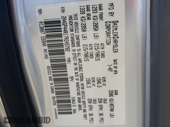 2007 Chrysler Town & Country LWB LX with VIN 2A4GP44R17R245782, listed as a Copart auction lot 72064294 with 160,386 mi miles and Salvage Title. Bid and sale history available at carsss.com. Image 13.