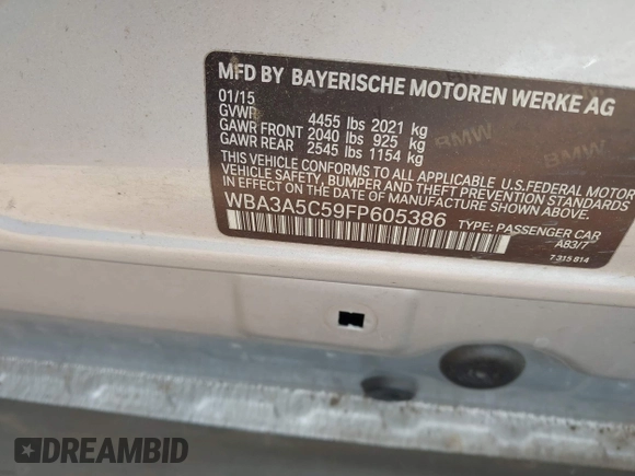 2015 BMW 3 Series 328i with VIN WBA3A5C59FP605386, listed as a IAAI auction lot 42309429 with 164,463 mi miles and . Bid and sale history available at DreamBid. Image 9.