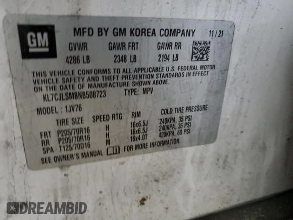2022 Chevrolet Trax LT with VIN KL7CJLSM8NB508723, listed as a Copart auction lot 43919795 with 0 mi miles and Salvage Title. Bid and sale history available at carsss.com. Image 12.