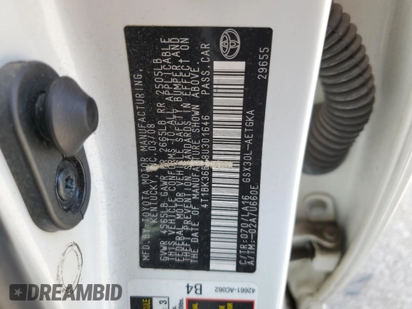 2008 Toyota Avalon XL z VIN 4T1BK36BX8U301646, wystawiony jako Copart lot #53758215 z przebiegiem Nie podano mil oraz Szkoda całkowita • Salvage title. Historia ofert i sprzedaży dostępna na DreamBid. Obrazek 13.