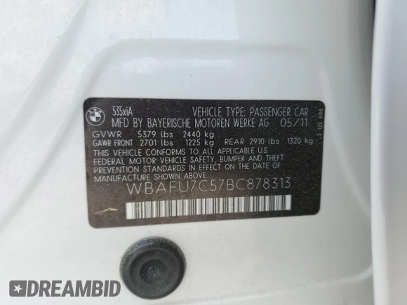 2011 BMW 5 Series 535i xDrive with VIN WBAFU7C57BC878313, listed as a Copart auction lot 53877295 with 138,693 mi miles and Salvage Title. Bid and sale history available at carsss.com. Image 12.