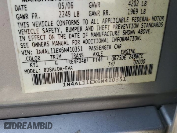 2006 Nissan Altima S with VIN 1N4AL11EX6N410351, listed as a Copart auction lot 60219105 with 116,088 mi miles and Salvage title. Bid and sale history available at DreamBid. Image 13.