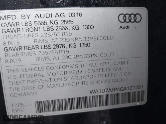2016 Audi Q5 Premium Plus with VIN WA1D7AFP4GA121281, listed as a IAAI auction lot 41349323 with 44,691 mi miles. Bid and sale history available at carsss.com. Image 9.