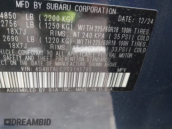 2025 Subaru Outback Onyx z VIN 4S4BTALC2S3195785, wystawiony jako IAAI lot #42202055 z przebiegiem 2 059 mil mil oraz . Historia ofert i sprzedaży dostępna na DreamBid. Obrazek 9.