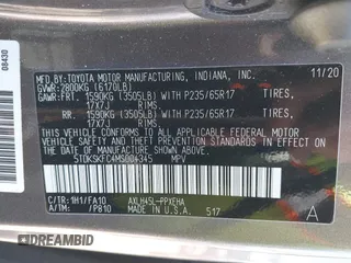 2021 Toyota Sienna LE with VIN 5TDKSKFC4MS004345, listed as a IAAI auction lot 42145140 with 103,544 mi miles and . Bid and sale history available at DreamBid. Image 9.