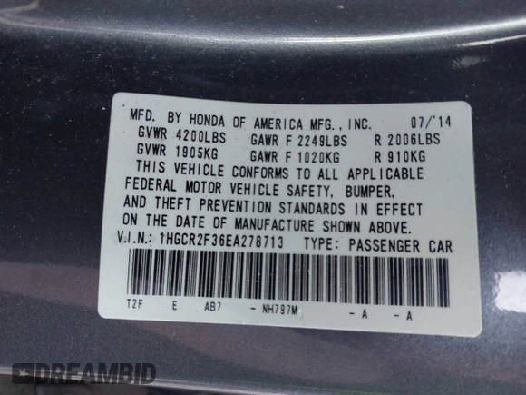 2014 Honda Accord LX with VIN 1HGCR2F36EA278713, listed as a IAAI auction lot 42017720 with 219,661 mi miles and . Bid and sale history available at carsss.com. Image 9.
