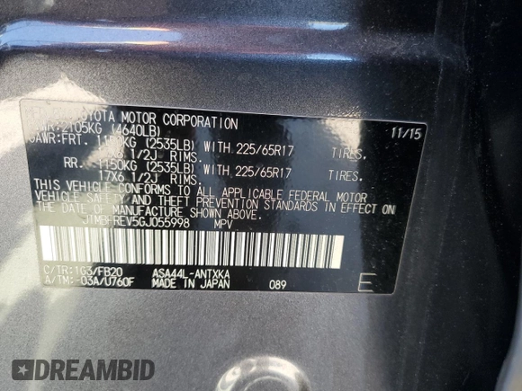 2016 Toyota RAV4 LE with VIN JTMBFREV5GJ055998, listed as a Copart auction lot 54830655 with 94,226 mi miles and Salvage Title. Bid and sale history available at DreamBid. Image 14.