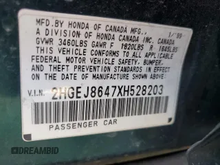 1999 Honda Civic EX z VIN 2HGEJ8647XH528203, wystawiony jako Copart lot #57507315 z przebiegiem 185 450 mil mil oraz Szkoda całkowita • Salvage title. Historia ofert i sprzedaży dostępna na DreamBid. Obrazek 12.