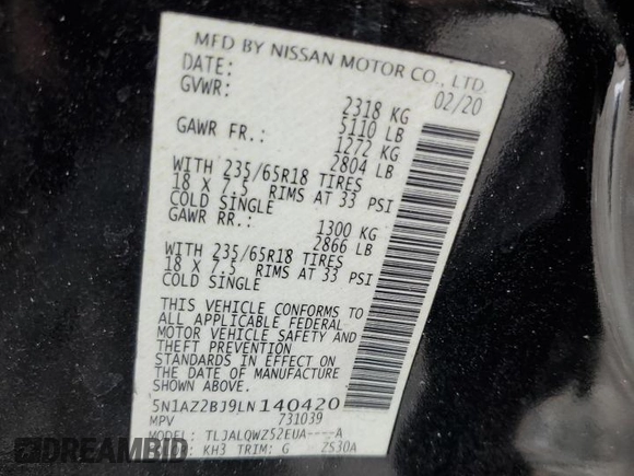 2020 Nissan Murano SV with VIN 5N1AZ2BJ9LN140420, listed as a Copart auction lot 62720055 with Not provided miles and Salvage title. Bid and sale history available at DreamBid. Image 14.