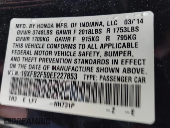 2014 Honda Civic Sedan LX with VIN 19XFB2F50EE227853, listed as a IAAI auction lot 42087506 with 113,120 mi miles. Bid and sale history available at carsss.com. Image 9.