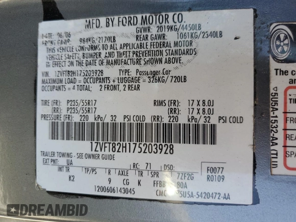 2007 Ford Mustang GT Deluxe с VIN 1ZVFT82H175203928, выставлен на аукционе Copart как лот 66132265 с пробегом 193 074 миль миль и Списание • Salvage title. История ставок и продаж доступна на DreamBid. Изображение 12.