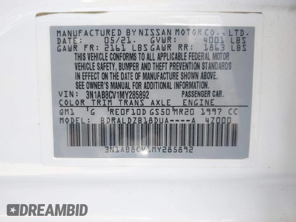 2021 Nissan Sentra SV with VIN 3N1AB8CV1MY285892, listed as a IAAI auction lot 42203454 with 56,147 mi miles and . Bid and sale history available at DreamBid. Image 9.
