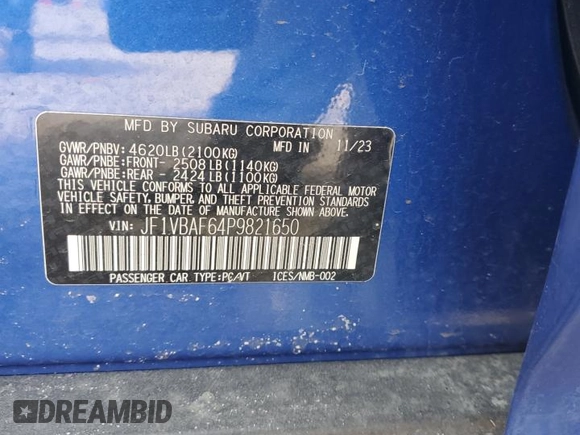 2023 Subaru WRX Premium with VIN JF1VBAF64P9821650, listed as a Copart auction lot 46983085 with 13,016 mi miles and Salvage title. Bid and sale history available at DreamBid. Image 12.
