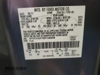 2011 Ford F-150 XL with VIN 1FTFX1EF7BFC46858, listed as a Copart auction lot 60274595 with 139,797 mi miles and Salvage title. Bid and sale history available at DreamBid. Image 12.