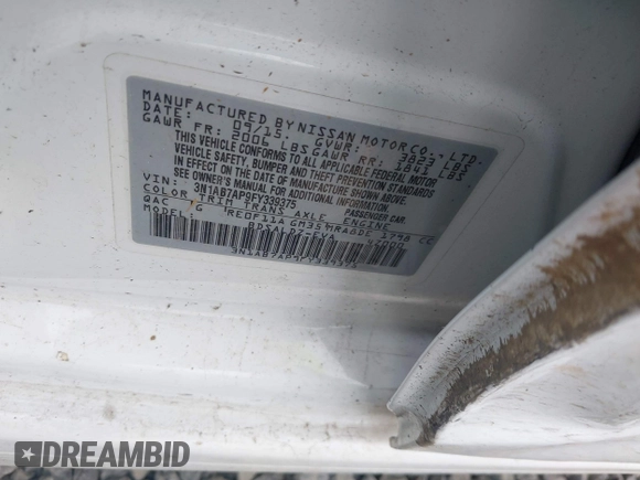 2015 Nissan Sentra SV with VIN 3N1AB7AP9FY339375, listed as a IAAI auction lot 41973068 with Not Provided miles and . Bid and sale history available at DreamBid. Image 9.
