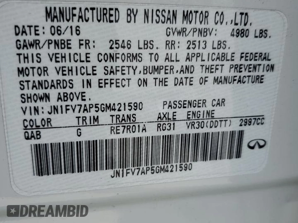 2016 Infiniti Q50 Red Sport 400 with VIN JN1FV7AP5GM421590, listed as a Copart auction lot 56732325 with Not provided miles and Salvage title. Bid and sale history available at DreamBid. Image 12.