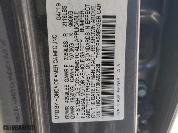 2019 Honda Accord Sedan LX 1.5T with VIN 1HGCV1F10KA083528, listed as a Copart auction lot 47186765 with 164,966 mi miles and Salvage Title. Bid and sale history available at carsss.com. Image 12.