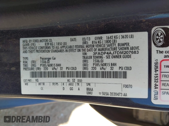 2013 Ford Fiesta S с VIN 3FADP4AJ7DM207683, выставлен на аукционе IAAI как лот 42220602 с пробегом 129 549 миль миль и . История ставок и продаж доступна на DreamBid. Изображение 9.