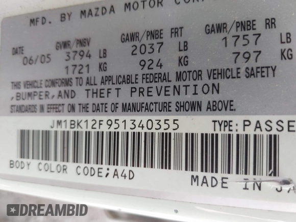 2005 Mazda 3 i with VIN JM1BK12F951340355, listed as a IAAI auction lot 41997844 with 188,991 mi miles and . Bid and sale history available at DreamBid. Image 9.