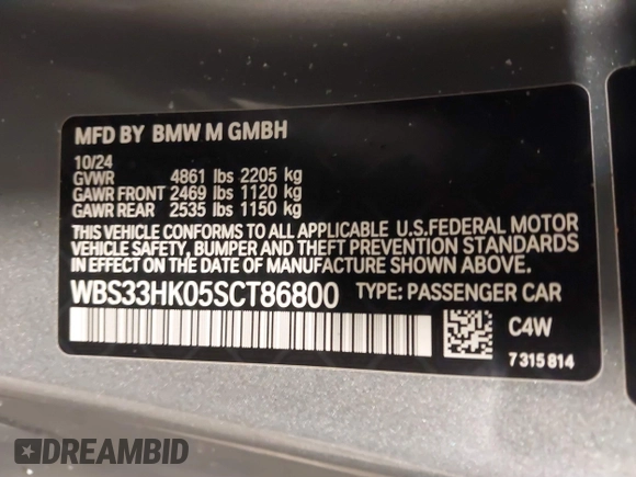 2025 BMW M4 Competition xDrive z VIN WBS33HK05SCT86800, wystawiony jako IAAI lot #41265093 z przebiegiem 838 mil mil oraz . Historia ofert i sprzedaży dostępna na DreamBid. Obrazek 9.