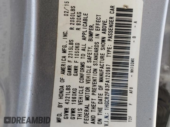 2015 Honda Accord EX-L with VIN 1HGCR2F83FA120987, listed as a Copart auction lot 55262705 with 199,295 mi miles and Salvage title. Bid and sale history available at DreamBid. Image 12.