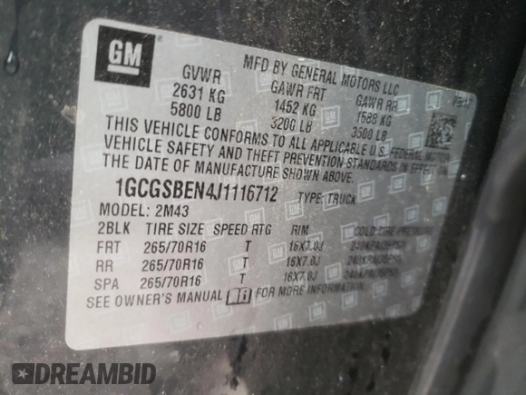 2018 Chevrolet Colorado 2WD Work Truck с VIN 1GCGSBEN4J1116712, выставлен на аукционе Copart как лот 54250165 с пробегом 110 585 миль миль и Списание • Salvage title. История ставок и продаж доступна на DreamBid. Изображение 12.