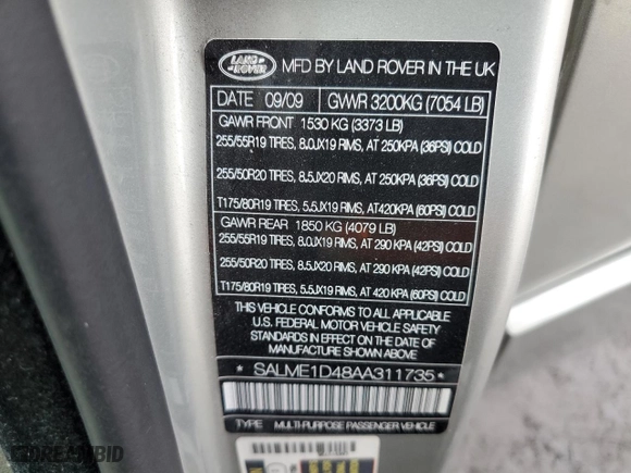 2010 Land Rover Range Rover HSE with VIN SALME1D48AA311735, listed as a Copart auction lot 46500135 with 144,475 mi miles and Clean Title. Bid and sale history available at carsss.com. Image 13.