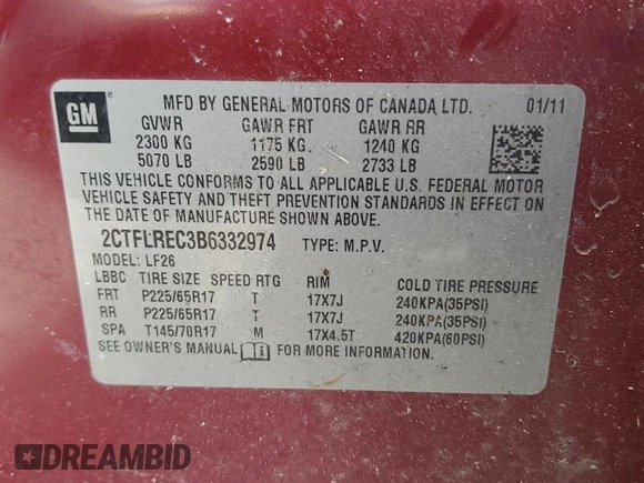 2011 GMC Terrain SLE-1 z VIN 2CTFLREC3B6332974, wystawiony jako Copart lot #49844245 z przebiegiem 213 348 mil mil oraz Szkoda całkowita • Salvage title. Historia ofert i sprzedaży dostępna na DreamBid. Obrazek 13.