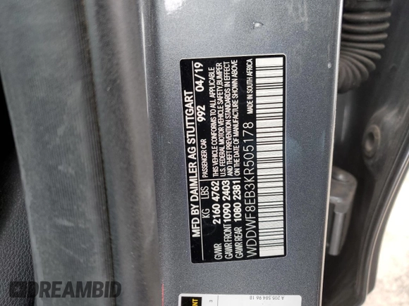 2019 Mercedes-Benz C 300 with VIN WDDWF8EB3KR505178, listed as a Copart auction lot 43122465 with 76,570 mi miles and Salvage title. Bid and sale history available at DreamBid. Image 12.