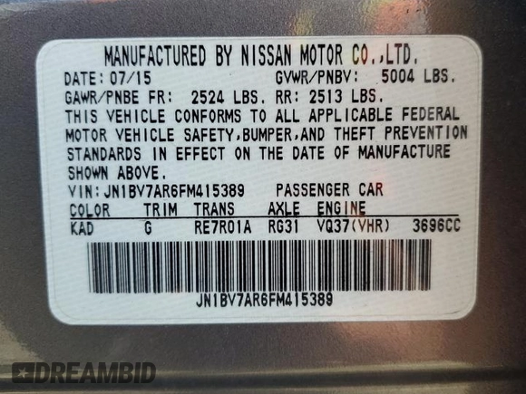 2015 Infiniti Q50 Premium with VIN JN1BV7AR6FM415389, listed as a Copart auction lot 61653845 with 124,141 mi miles and Salvage title. Bid and sale history available at DreamBid. Image 13.