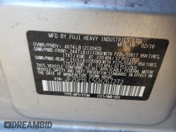 2016 Subaru Crosstrek Touring z VIN JF2GPBLC5GH267272, wystawiony jako Copart lot #73395344 z przebiegiem 114 266 mil mil oraz Szkoda całkowita • Salvage title. Historia ofert i sprzedaży dostępna na DreamBid. Obrazek 14.