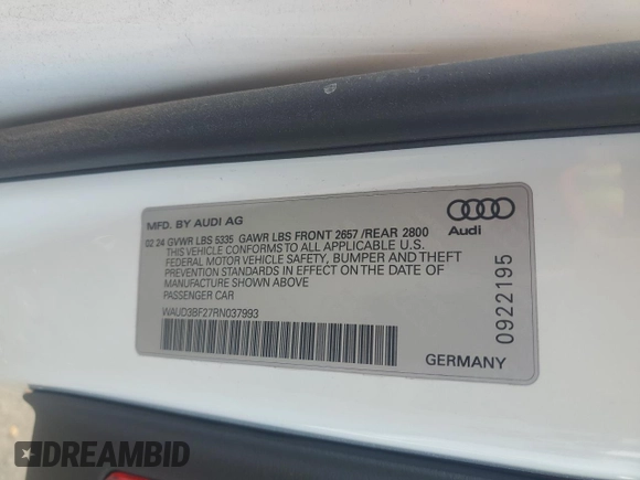 2024 Audi A6 Premium z VIN WAUD3BF27RN037993, wystawiony jako Copart lot #53230365 z przebiegiem 5 275 mil mil oraz Szkoda całkowita • Salvage title. Historia ofert i sprzedaży dostępna na DreamBid. Obrazek 12.