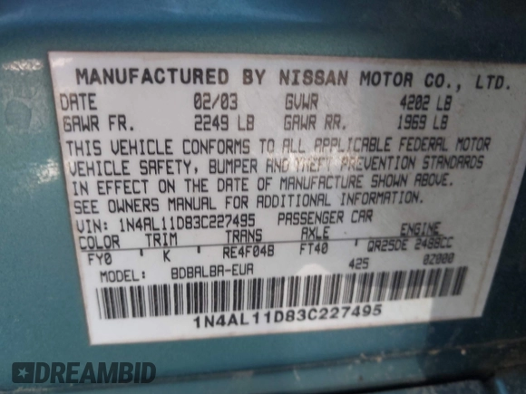 2003 Nissan Altima S with VIN 1N4AL11D83C227495, listed as a IAAI auction lot 41955261 with 1 mi miles. Bid and sale history available at carsss.com. Image 9.