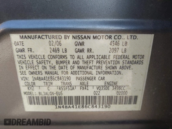 2006 Nissan Maxima 3.5 SL with VIN 1N4BA41E86C843190, listed as a IAAI auction lot 41485367 with 215,730 mi miles. Bid and sale history available at carsss.com. Image 9.