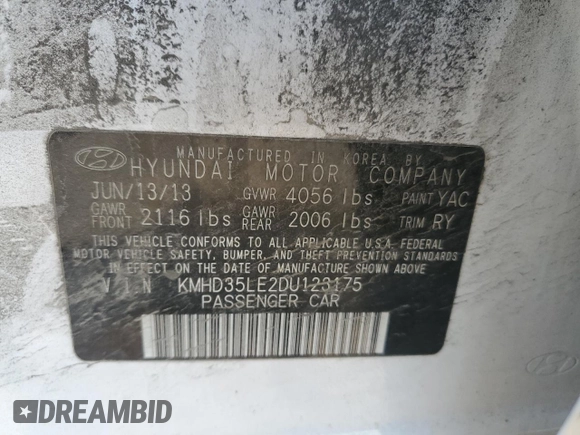 2013 Hyundai Elantra with VIN KMHD35LE2DU123175, listed as a Copart auction lot 59985055 with 136,503 mi miles and Salvage title. Bid and sale history available at DreamBid. Image 12.