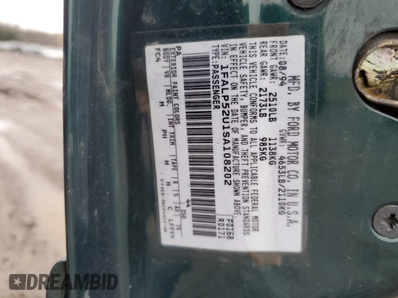 1995 Ford Taurus GL with VIN 1FALP52U1SA108202, listed as a Copart auction lot 85676434 with 102,669 mi miles and Salvage title. Bid and sale history available at DreamBid. Image 12.