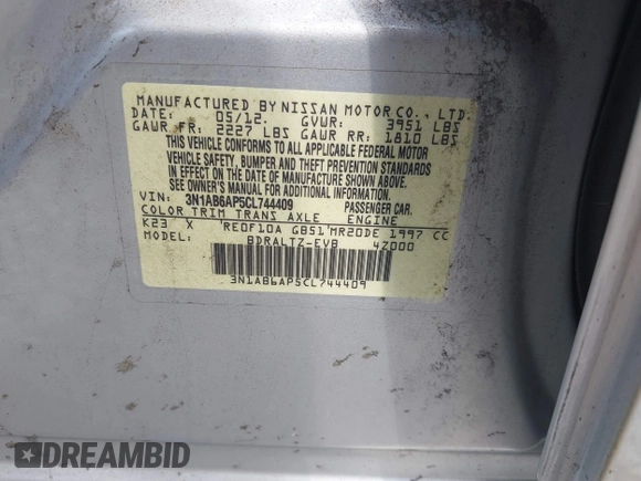 2012 Nissan Sentra S with VIN 3N1AB6AP5CL744409, listed as a IAAI auction lot 42424939 with 152,860 mi miles and . Bid and sale history available at DreamBid. Image 9.