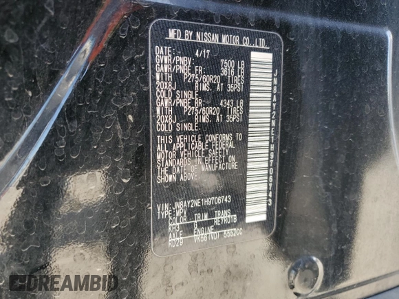 2017 Nissan Armada Platinum with VIN JN8AY2NE1H9706743, listed as a Copart auction lot 52411925 with 108,056 mi miles and Salvage Title. Bid and sale history available at carsss.com. Image 15.
